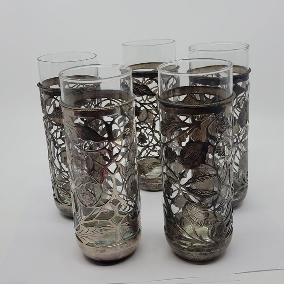 Sterling silver 925 glass tumbler 5pc set Mexico